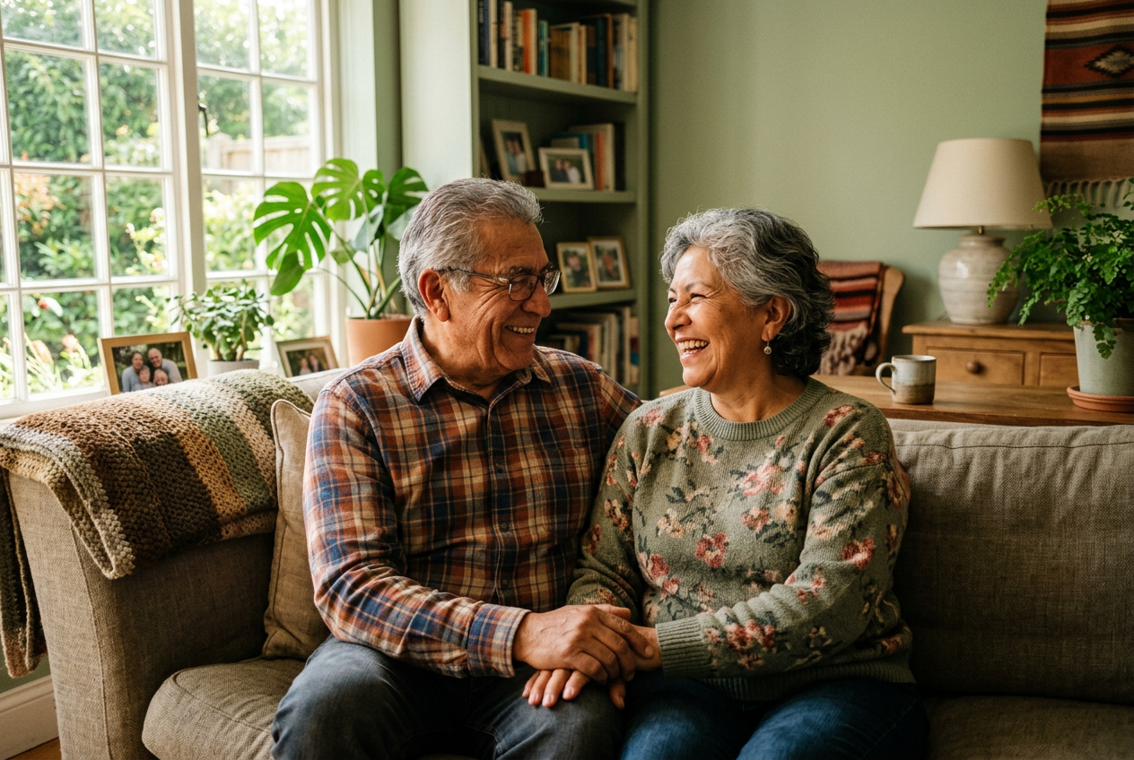 A happy couple in their sixties smiling together at home